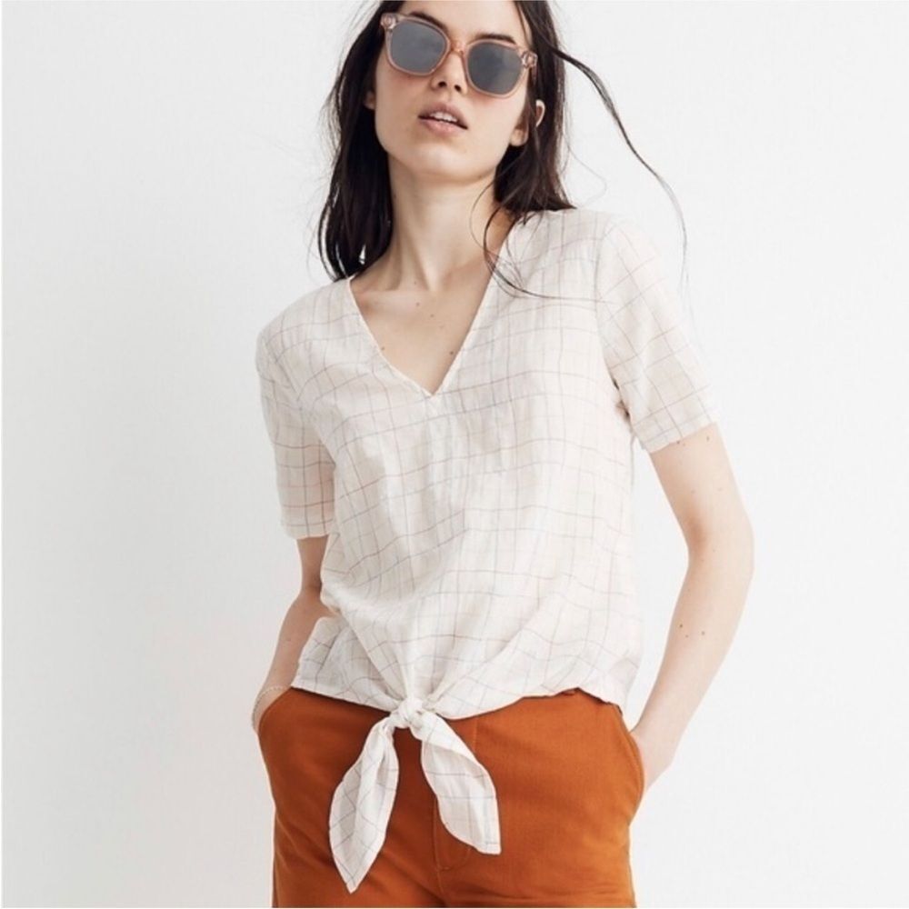 Madewell Women’s Novel Tie-Front Short Sleeve Shirt Blouse Rainbow Windowpane S